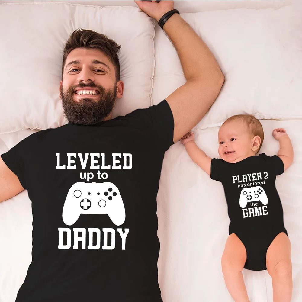 

Player 2 Enter Game Leveled Up To Dad T Shirts Daddy and Son Matching Family Funny Tee Baby Romper Pregnancy Announcement Gift