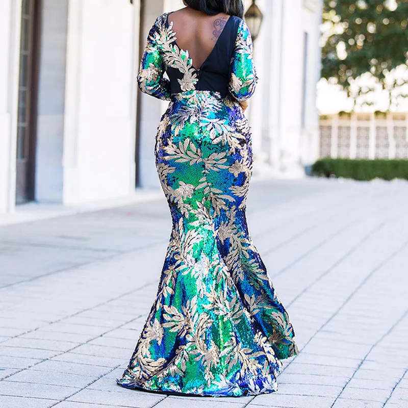 

Vintage Green Long Sleeve Mermaid Sequins Dress Party Evening African Long Maxi Dresses Women Plus Size New 2021 Vestiods Robe