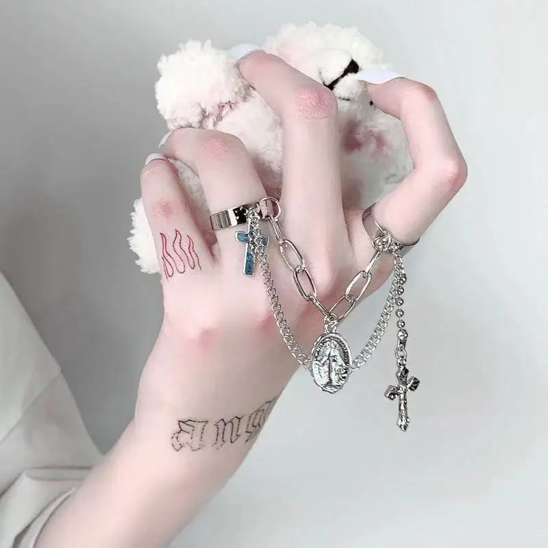 

Cool Punk Hip Hop Cross Rings For Women Multi-layer Adjustabl Chain Open Finger Men Rotate Ring Trendy Jewelry Party Gift