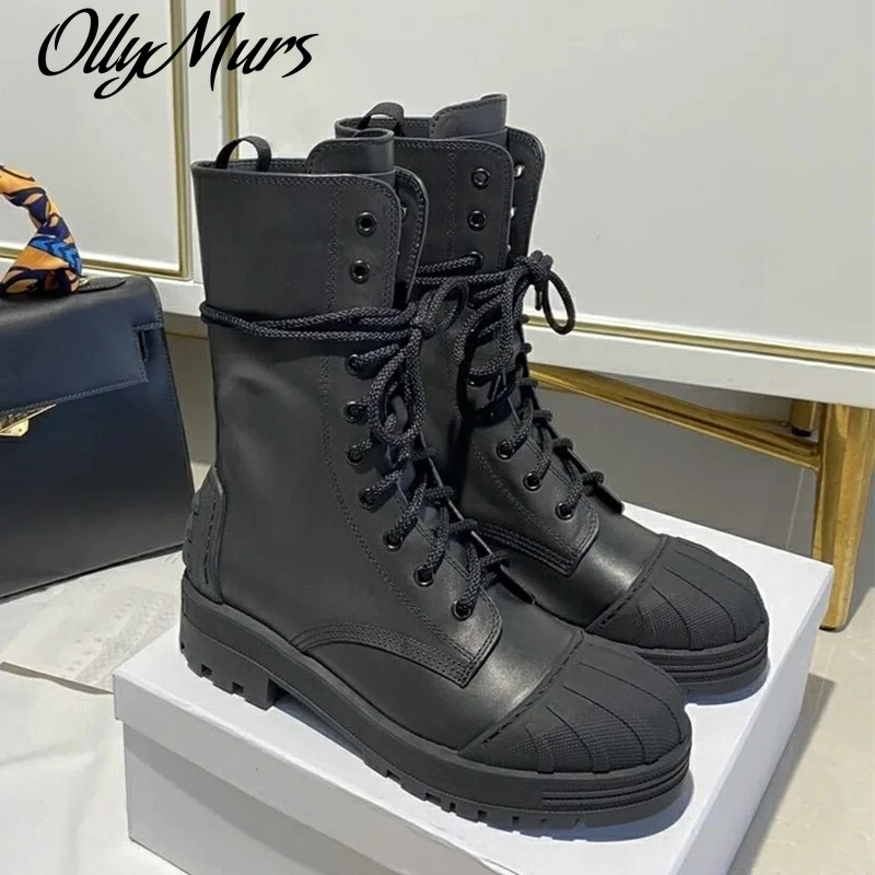 

Ollymurs Women Real Leather Shoes for Women Lace Up Chunky Boots Designer Brand Luxury Women Shoes 2021-Short Boots