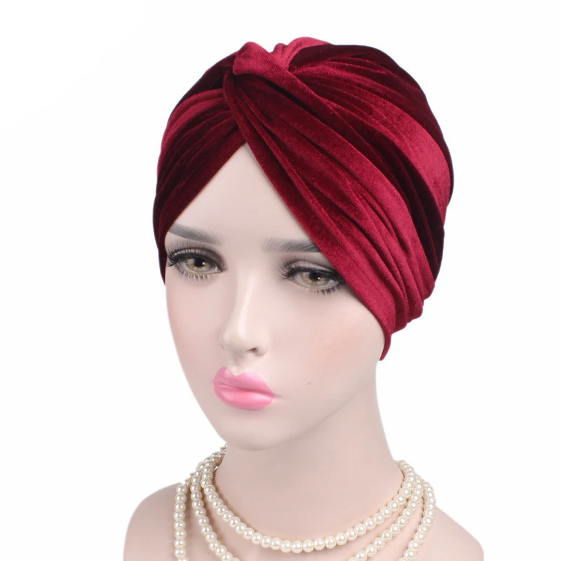 

Headscarf Luxury Soft Velvet Turban Stretch Turban Hat Cross Twist Cap Chemo Caps Soft Headwrap Headbands Muslim Hats Headwear