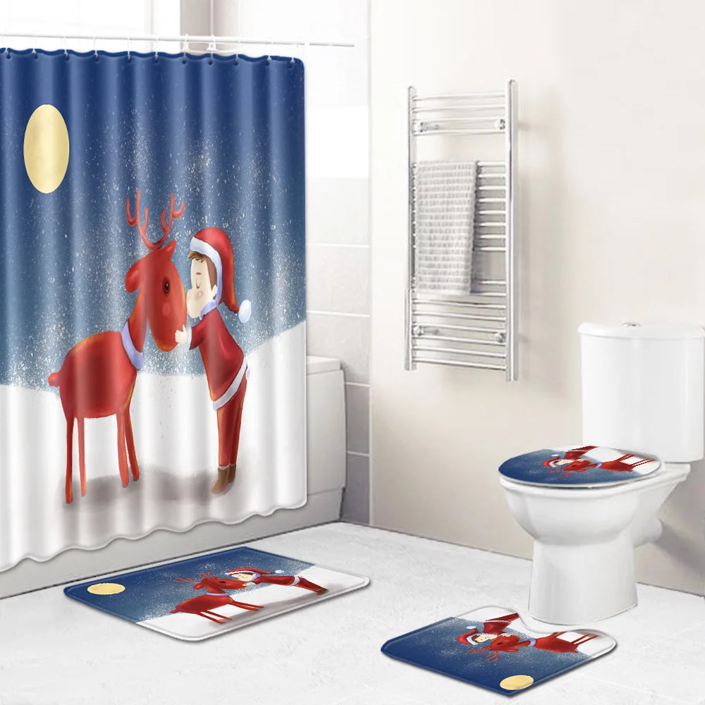 

Zeegle Christmas Bath Curtain Waterproof Shower Curtain Anti-slip Bathroom Carpet Set Washable Shower Mat Absorbent Bath Mat Set