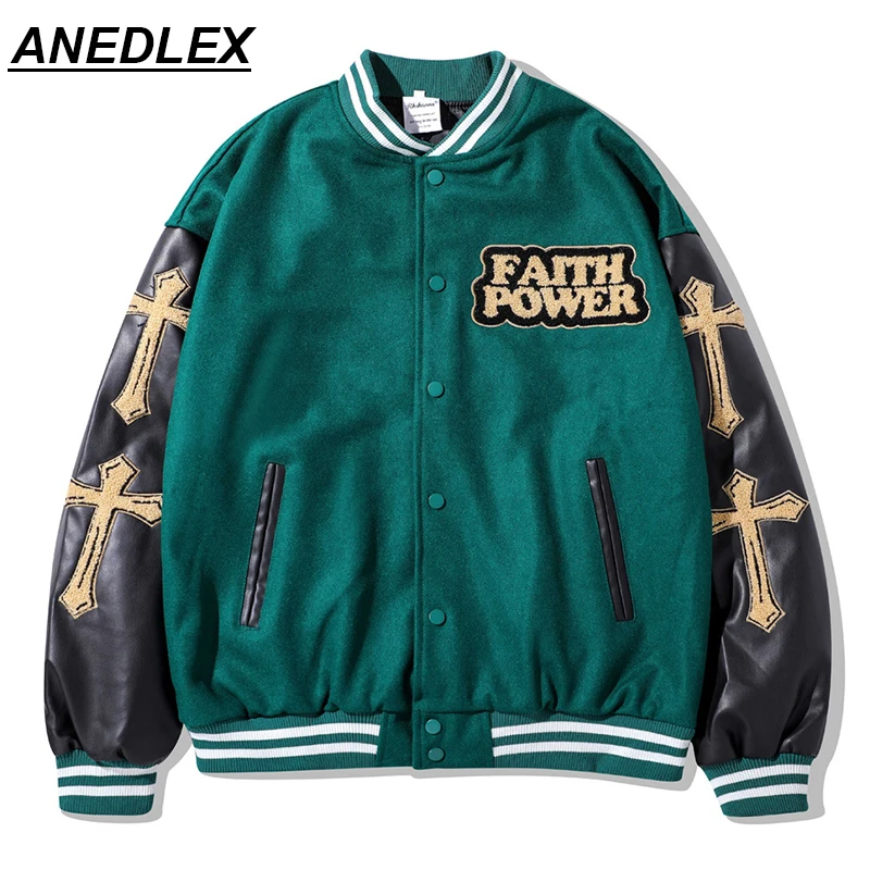 

Harajuku Streetwear Baseball Jackets Embroidered Cross Patchwork Bomber Coats Autumn New Hip Hop Loose Fashion Casual Tops Green