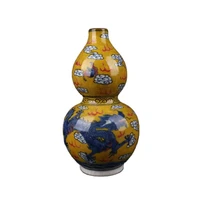 chinese second hand qing yongzheng yellow ground blue and white underglaze red dragon and phoenix pattern gourd bottle