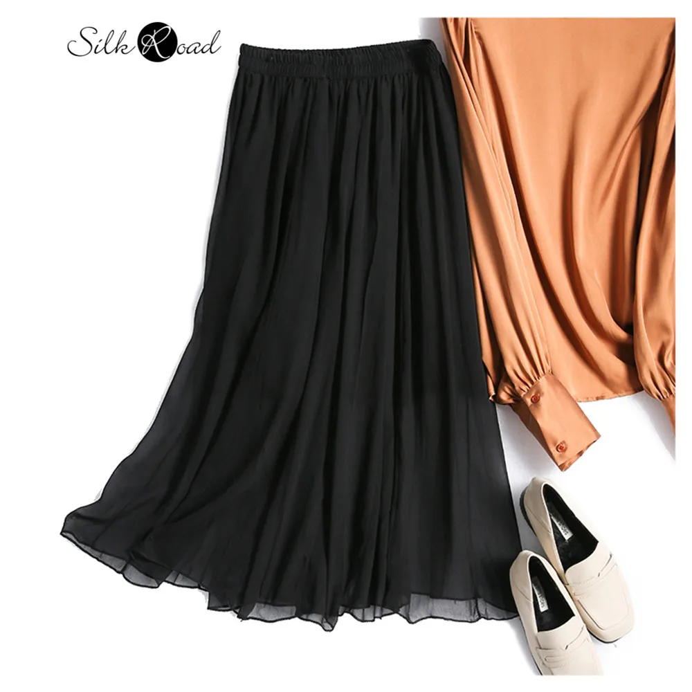 Silviye Thin and transparent silk dress women's high waist thin A-line skirt summer small black dress blusas mujer de moda 2020
