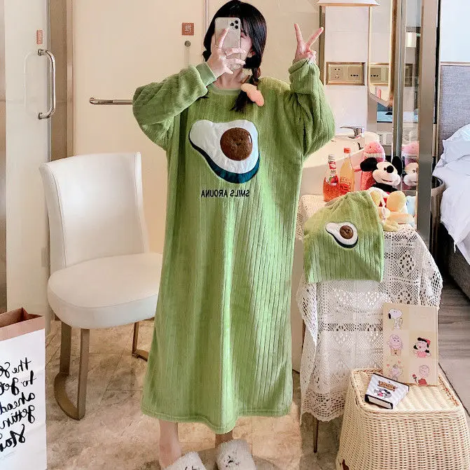 Autumn and Winter Facecloth Flannel Nightgown Thickened Coral Velvet Pajamas Female Loose Plus Size Home Wear Sleepwear Women