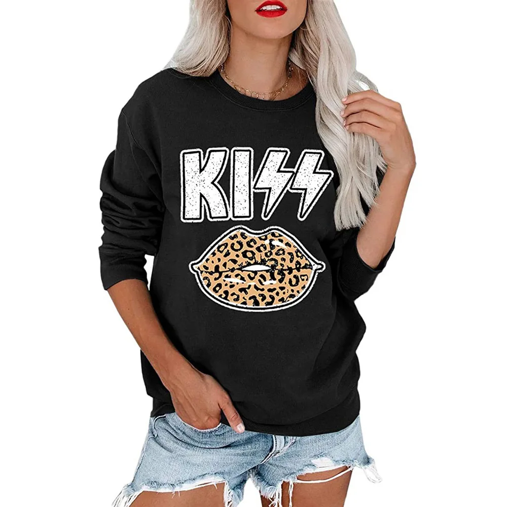 

Carney women's sweater popular kiss lip print long sleeve round neck sweater