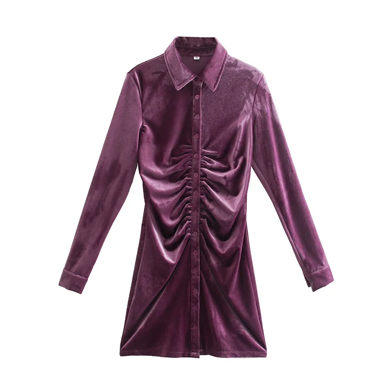 

Fashionable Velvet Shirt Dress Ladies 2021 New Summer Solid Color Turn Down Collar Long Sleeve Fold Retro Short Dresses Women