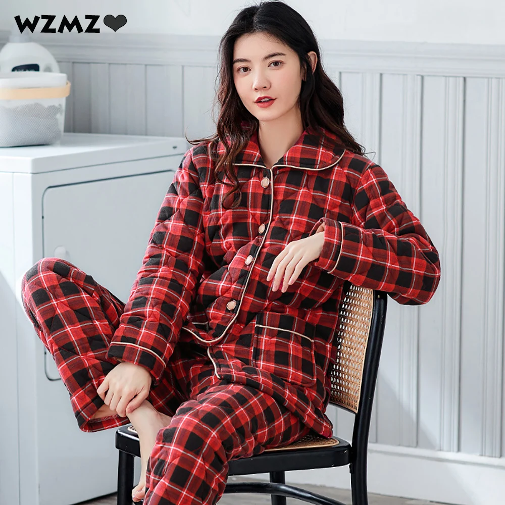 Women's Pajama Sets Plaid Christmas Pajamas For Women Winter 3-layer Cotton Nightie Casual Big Size Warm Thick Pyjamas Nightwear