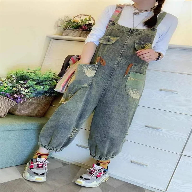 Denim Cropped Overalls Women's Spring and Autumn New Retro Printing Personality Pocket Holes Loose Large Size Jumpsuit