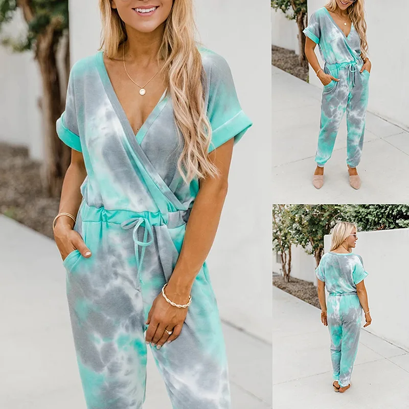 

2021 Fashion Autumn Street Trend Women's Tie-dye Printing V-neck Short-sleeved Casual Jumpsuit Women's Clothing