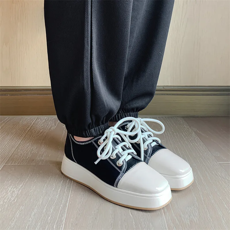 ANNYMOLI Natural Genuine Leather Flat Platform Shoes Woman Shoes Square Toe Flats Lace Up Female Casual Footwear Spring Apricot