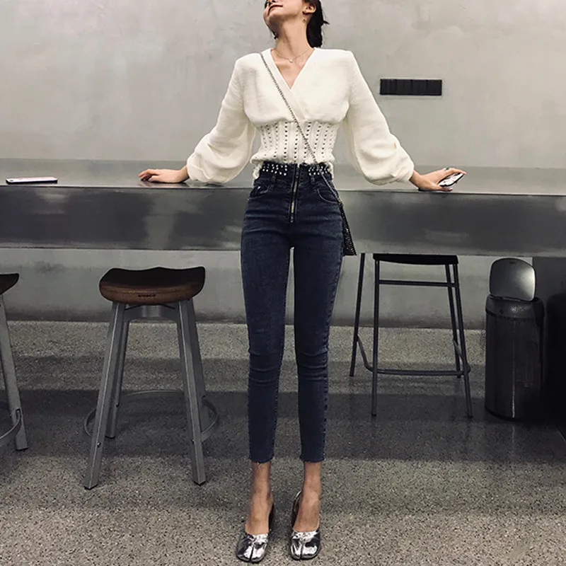 RealShe вязаный женский свитер с v образным вырезом и длинным рукавом фонариком топы