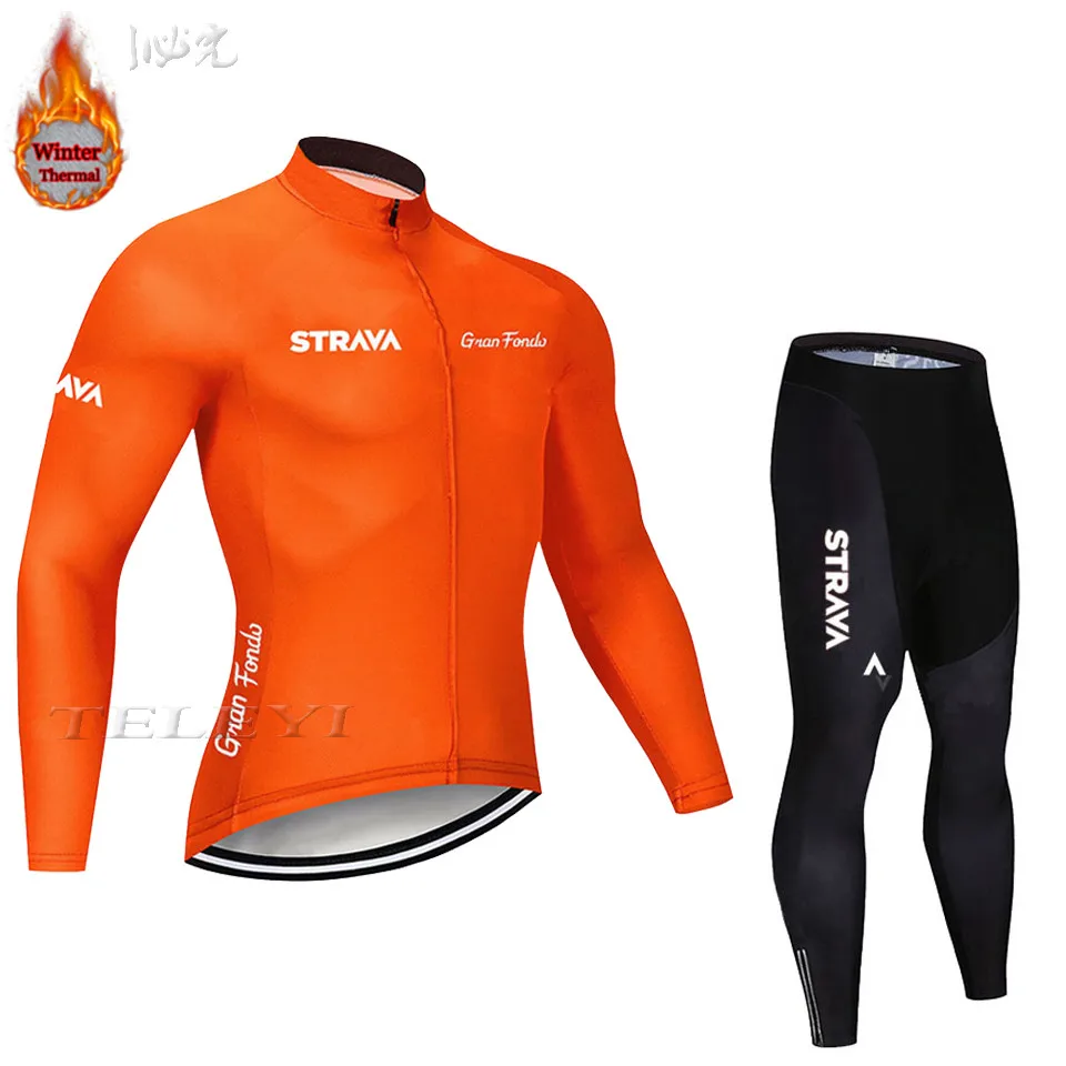 STRAVA зеленый флис мужской Велоспорт Джерси Набор велосипедный зимний Одежда для велоспорта Майо Ropa Ciclismo Invierno костюм - Color: 8