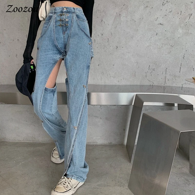 

Women Vintage Washed Streetwear Jeans High Waist Loose Hollow BF Straight Denim Trousers Female Casual Stitching Cut Out Jeans