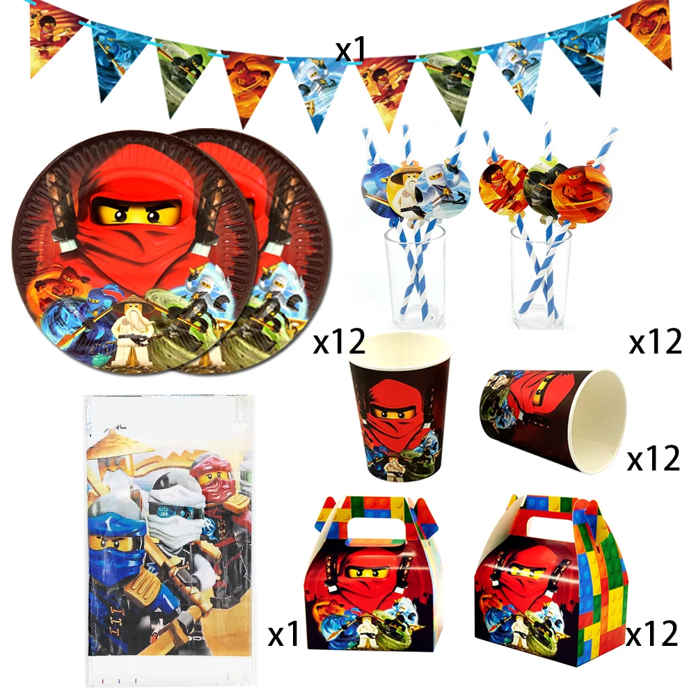 Вечерние принадлежности, 50 шт., для детей 12 лет, новинка, Ninjagoing, тематическая вечеринка на день рождения, Набор Декоративной посуды, тарелка+ чашка+ соломинка+ флаг+ скатерть