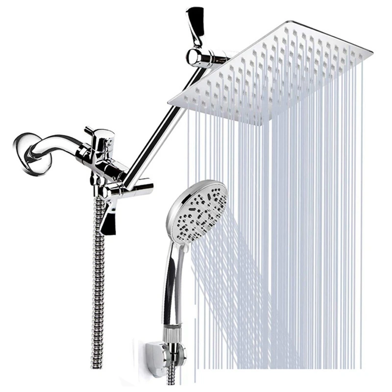 

8 inch Rainfall Stainless Steel Fixed Shower Head/Handheld Showerheads Combo 9 Settings with Extension Arm, Chrome