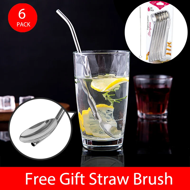 

Spoon Straws 6pcs Reusable Metal Stainless Steel Drinking Straw Spoon Stirrer With Gift Cleaning Brush for Milkshake Smoothies