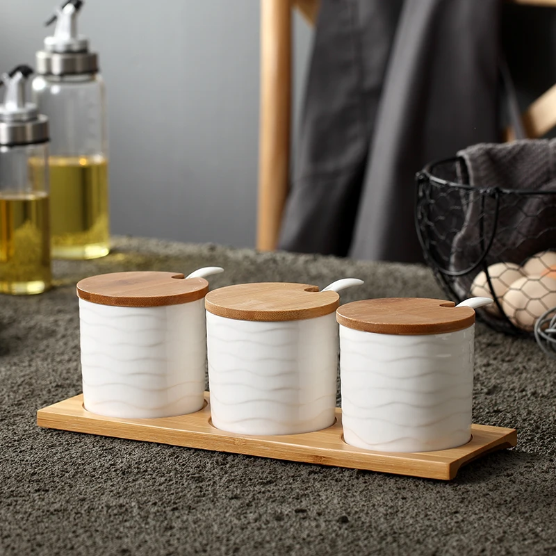Ceramic Condiment Storage Jar Kitchen Seasoning Tank Household Pot Bamboo Tray Spice Soy Sauce Box Salt Sugar Can | Дом и сад