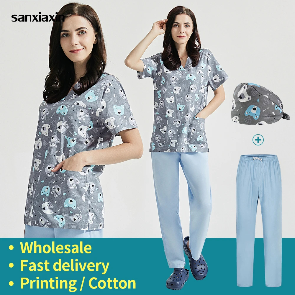 

New Short Sleeved V-neck Work-wear with Pocket Scrubs Women Work Tops High Quality Washable Reusable Blouses Overalls wholesale