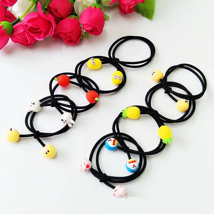 

High elastic cartoon fruits or yellow duck hair accessories and double bow leather band hair ring