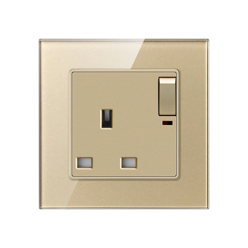

KAMANNI UK standard Power Socket with LED light 13A current Luxury 6 colors crystal glass panel Socket with switch function