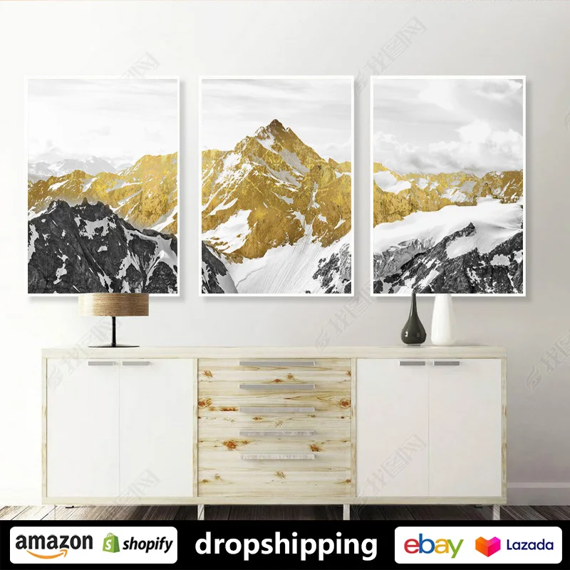 

Golden Mountains Lanscape posters prints canvas paintings wall art for living room decor for bedroom aesthetic Artwork