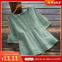 women vintage casual chemise zanzea solid color cotton blouses half sleeve o neck spliced shirt hollow out tops