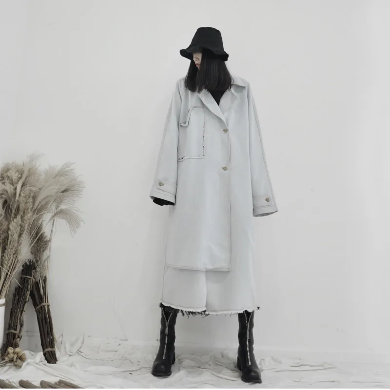 LANMREM 2020 зимняя новая длинная однобортная однотонная джинсовая ветровка выше