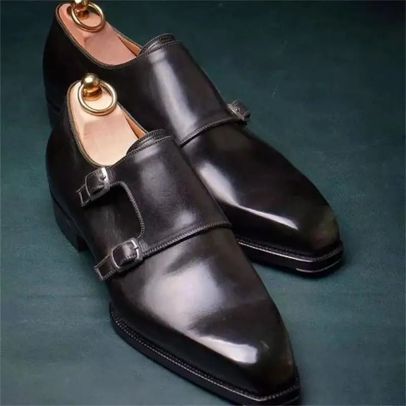 

New Men's Shoes Handmade Advanced Deep Black PU Classic Double Buckle Fashion Casual Business All-match Monk Shoes 3KC125