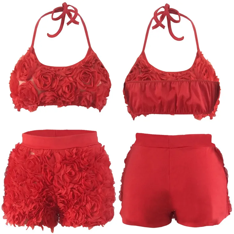 

Women's Summer Two Piece Short Set Summer Stereoscopic Flower Neck Lace Up Halter Tops Matching Shorts Female Casual Tracksuit