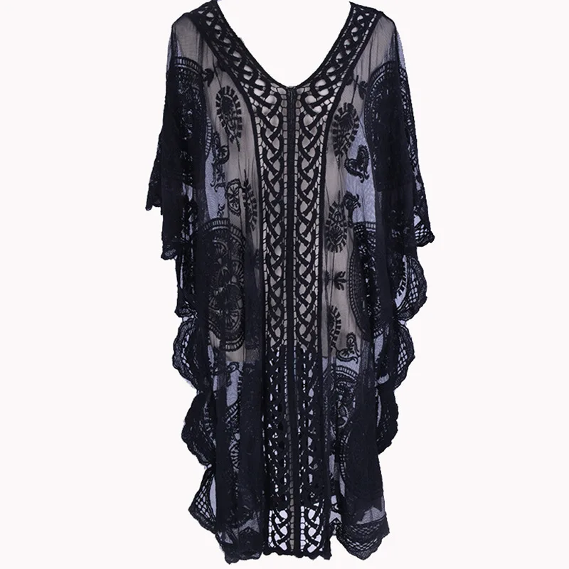

2021 Lace Embroidered Beach Holiday Bikini Beach Blouse Loose Plus Size Sunscreen Clothing