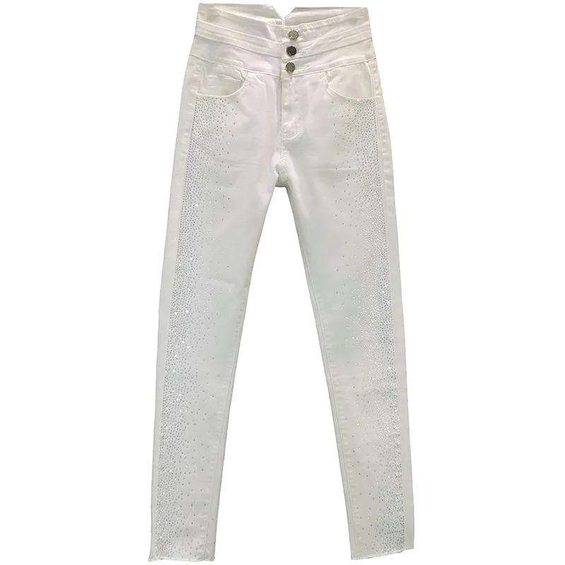 

Shine Rhinestone White Women Jeans Summer New High Waist Pocket Slim Ankle Length Lady Jeans Top Quality