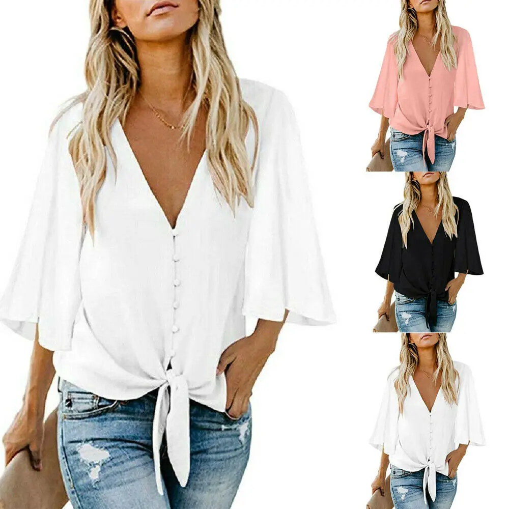 

Women's Shirt Chiffon Blouse Fashion Sexy Batwing Sleeve Womens Tube Tops V-neck Button Blouses Office Ladies Plus Size Shirts