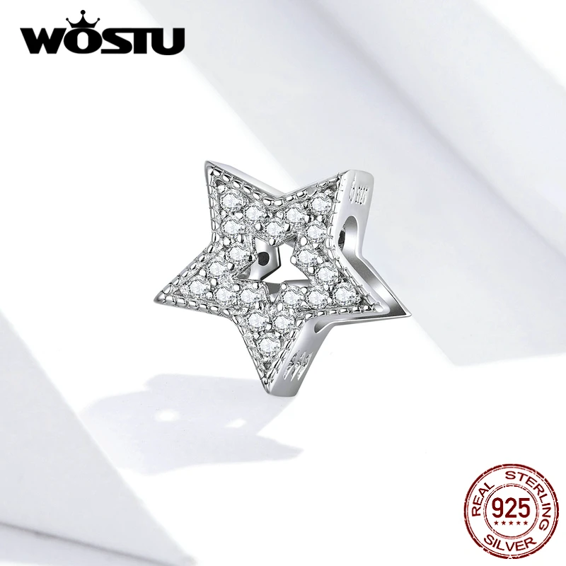 WOSTU сверкающий циркон звезда амулеты Стерлинговое Серебро 925 пробы блестящая