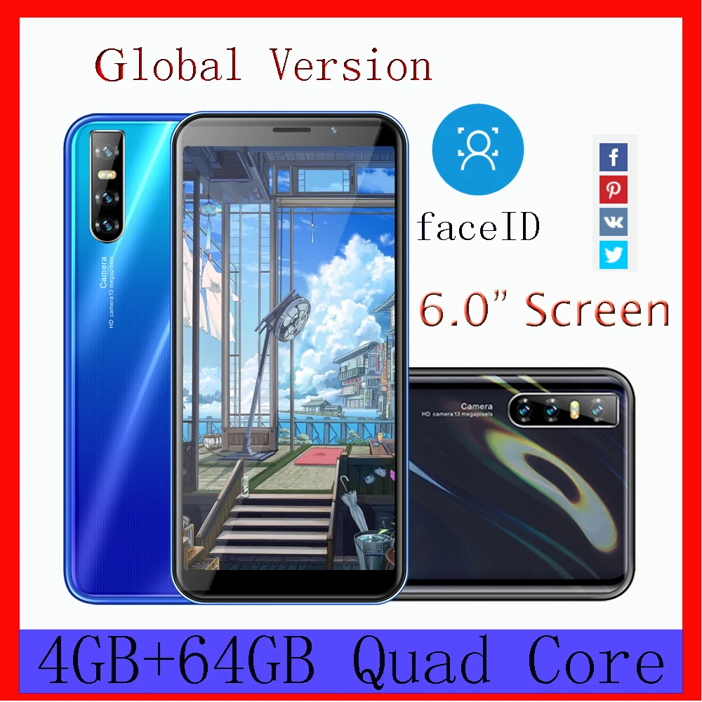 

Global Face ID unlocked F2 pro Smartphones 6.0 inch 4GB RAM 64GB ROM Celulares MTK6580 13MP HD Screen 2Sim IPS Mobile Phones