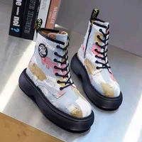 2021 zebra pattern platform boots women round toe chunky heel ankle boots for women lace up cross tied martin boots women