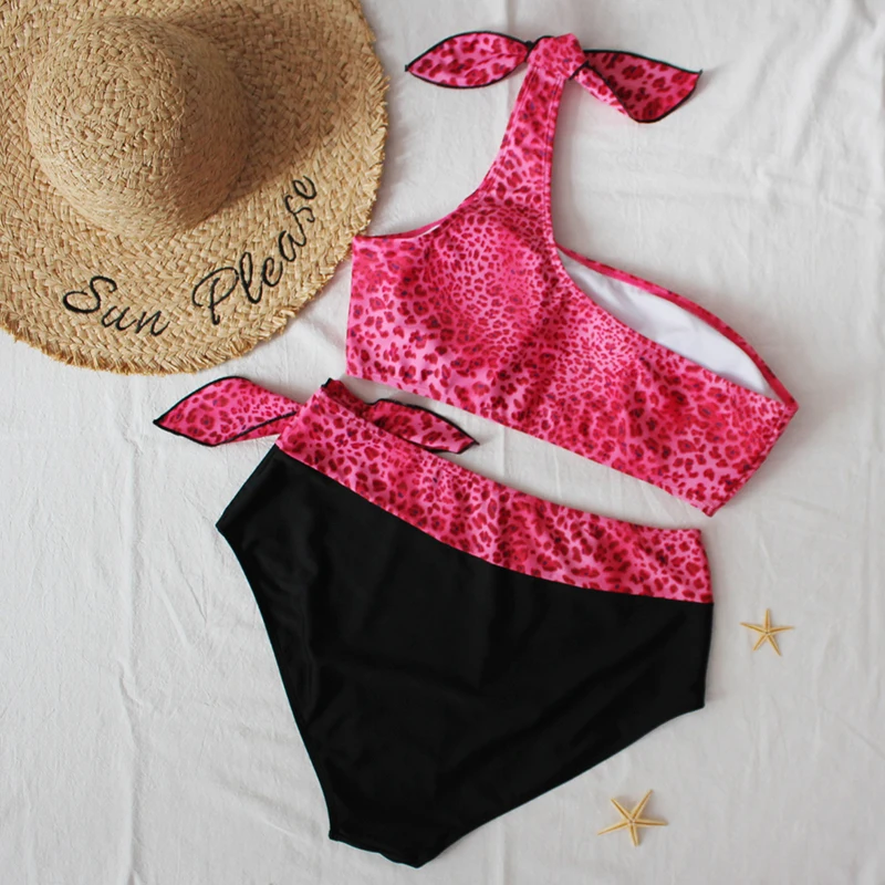 

Sexy 2021 Bikini Two Piece Plus Size Swimsuit Women One Shoulder Red Leopard Print High Waist Big Ladies Bathing Suit 4XL