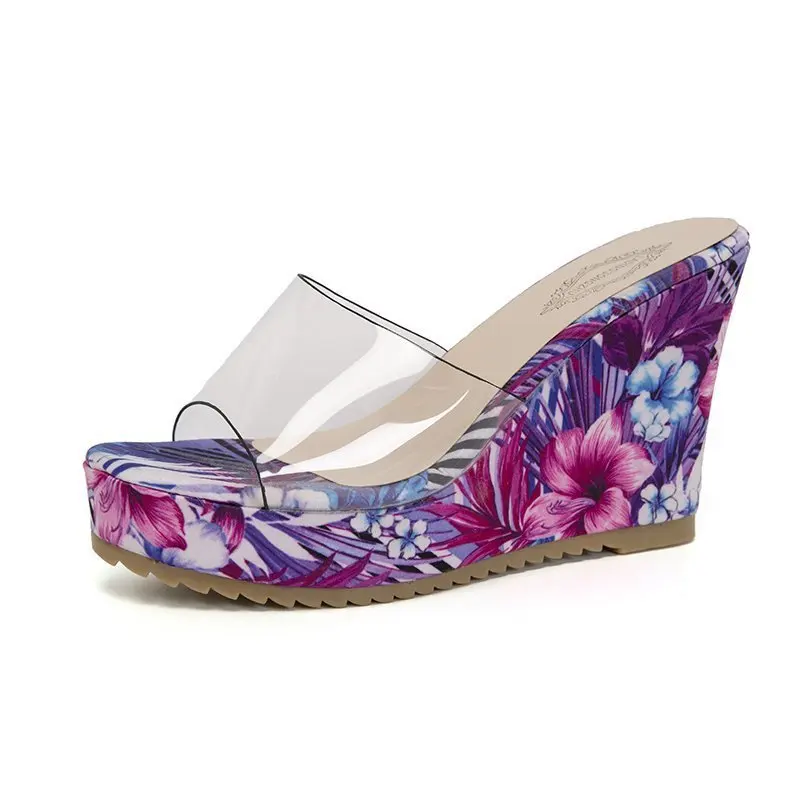 

Shoes Woman 2021 Female Slippers Heeled Mules Jelly Slides Low Peep Toe On A Wedge New High Transparent Summer Floral Rome PU Se