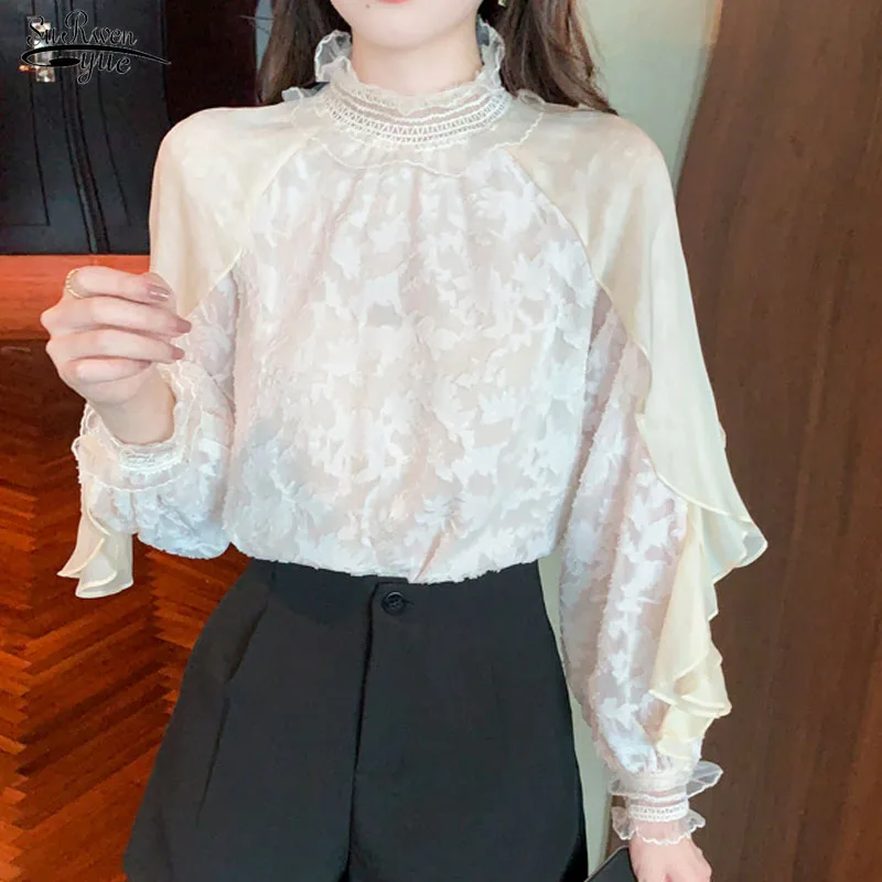

Autumn French Print Ruffled Chiffon Blouse Apricot Elegant Fairy Solid Long-sleeved Loose Shirt Romantic Splicing Slim Top 16915