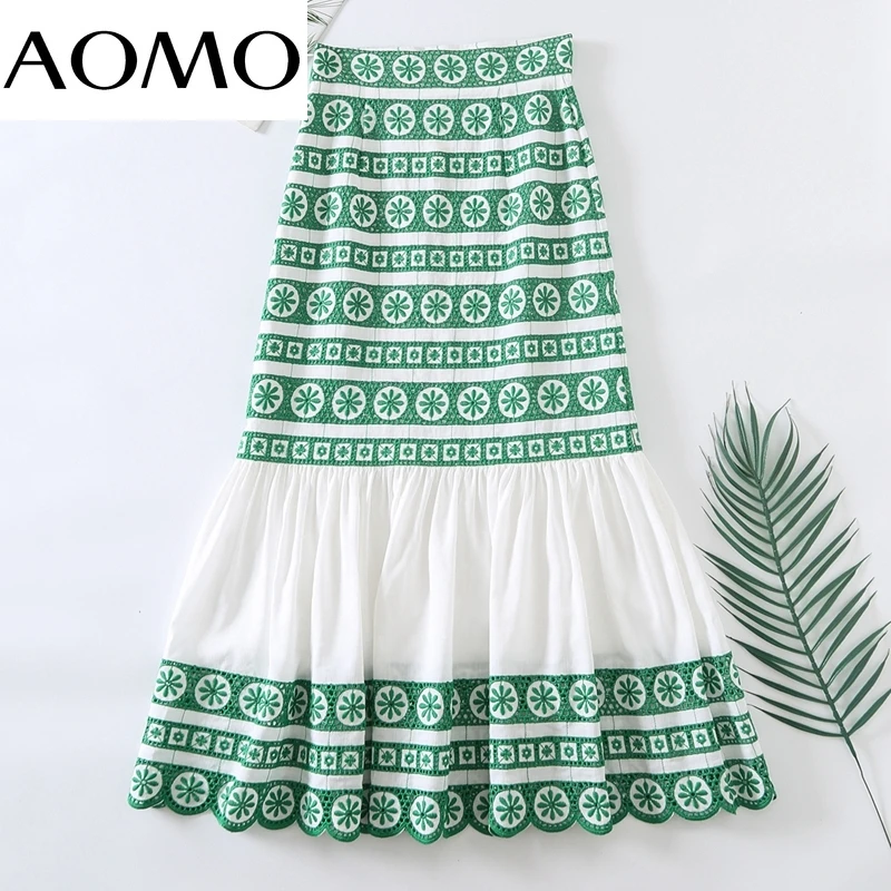 

AOMO Women Green Emboridery Skirt High Waist Ladies Elegant Chic Vintage Cotton Long Skirts 6H110A