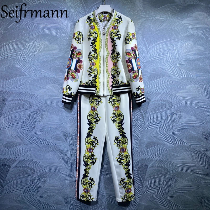 

Женский модельный брючный костюм Seifrmann, комплект из двух предметов, пальто с винтажным принтом и рукавами-фонариками и длинные брюки с высок...
