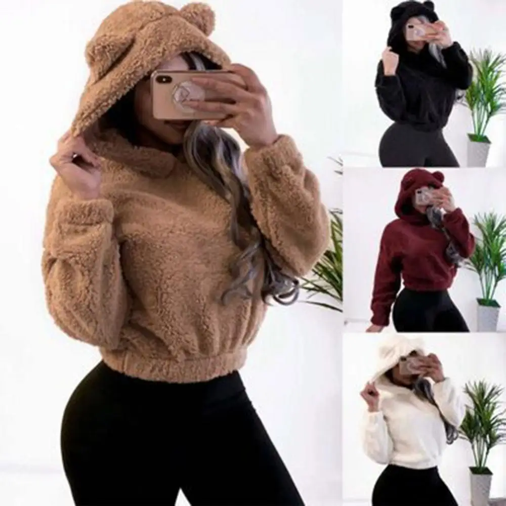 

Fashion women's solid color sexy long-sleeved solid color long-sleeved fleece pullover hoodie short ladies sweatshirt