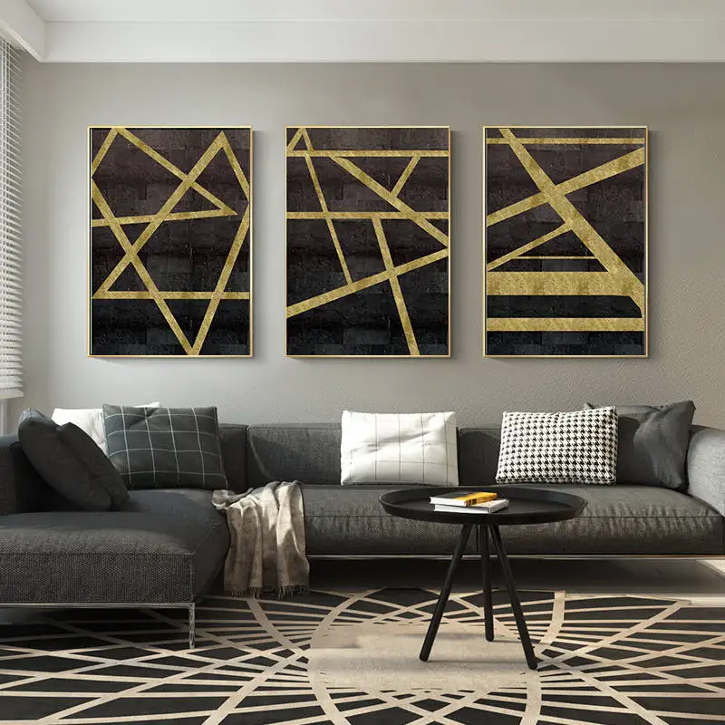 Современные абстрактные золотые и черные геометрические картины стены