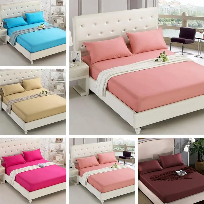 

1PCS Fitted Sheet Solid Color Bed Sheets With Elastic Band Double Queen Size 160cm*200cm Mattress Cover 100% Polyester
