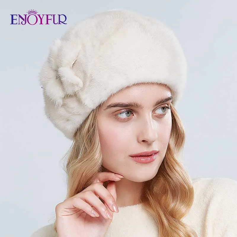ENJOYFUR, модные меховые береты, натуральный мех норки, шапки для женщин, зимние меховые высококачественные кепки в цветочек - Цвет: M09
