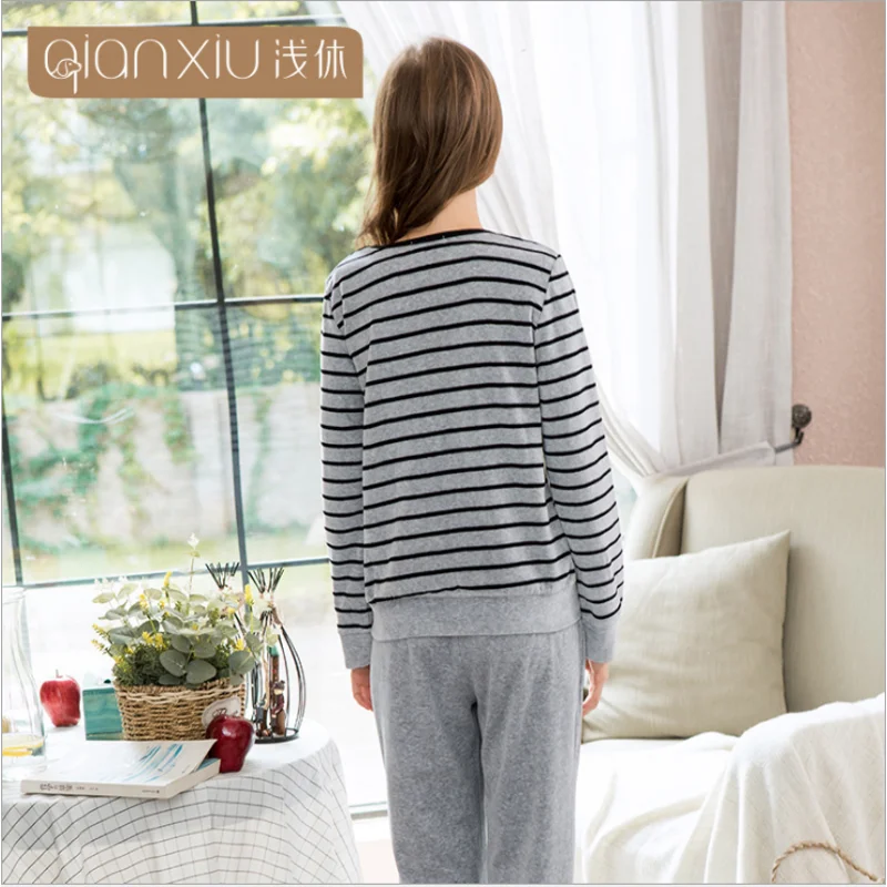 Осень-зима женские повседневные полосатые пижамные комплекты Женское пальто с