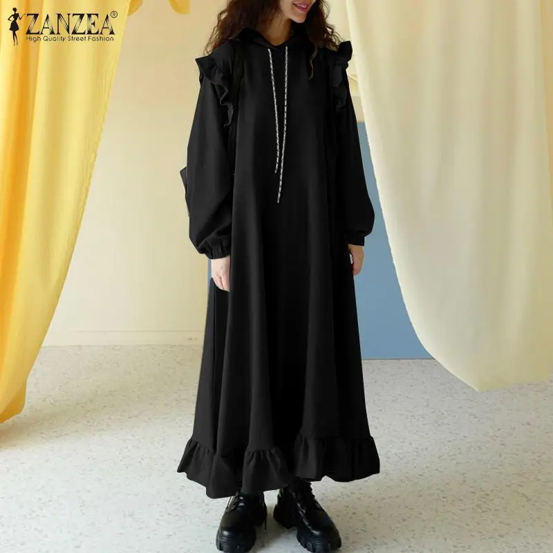 

ZANZEA Autumn Stylish Solid Robe Long Sleeve Kaftan Sundress Woman Baggy Lady Vestidos Casual Vintage Ruffle Maxi Shirt Dress
