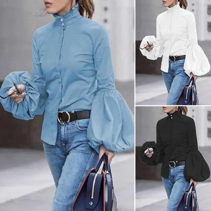 

2021 Autumn Women Loose Casual Shirt Blouse Blue White Black Office Women Long sleeves Blouse Tops