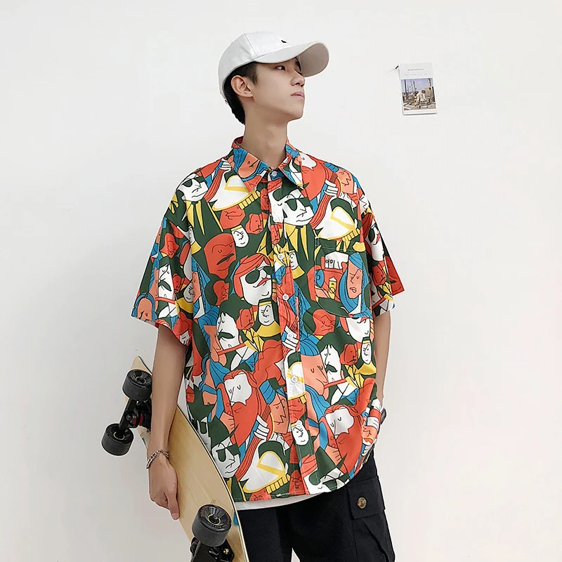 

2022 Summer Men Casual Loose Head Printing Cotton Clothes Camisa Masculina Lapel Short Sleeve Brand Hawaiian Shirt Homme M-2XL